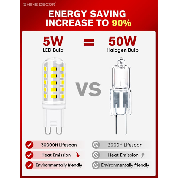 G9 LED-pære, 5W kald hvit 6000K, 450LM, tilsvarer 50W halogen, egnet for pendellamper taklamper vegglamper 6-pakning Model 1 Cool White