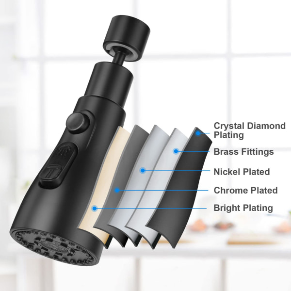 Sort-spray køkkenvaskhane 360 grader, 3 tilstande køkkenhane dyse med belufter, køkkenvask mixer tap roterende hanehoved, universel justering