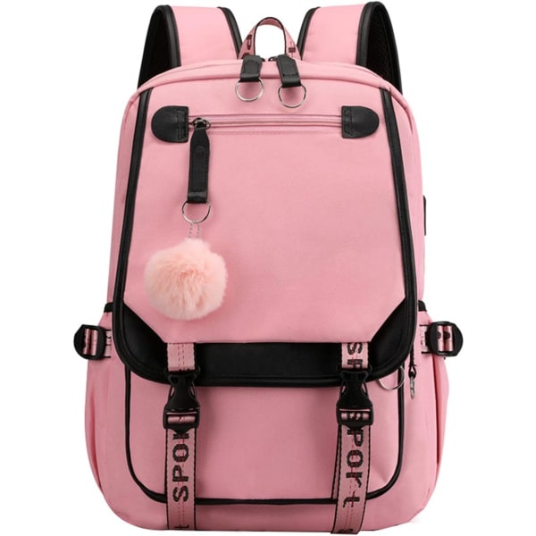 Teenagepigers rygsæk Middle School Students Bogtaske Outdoor Daypack Med USB-opladningsport 4# Pink Black 21 Liters