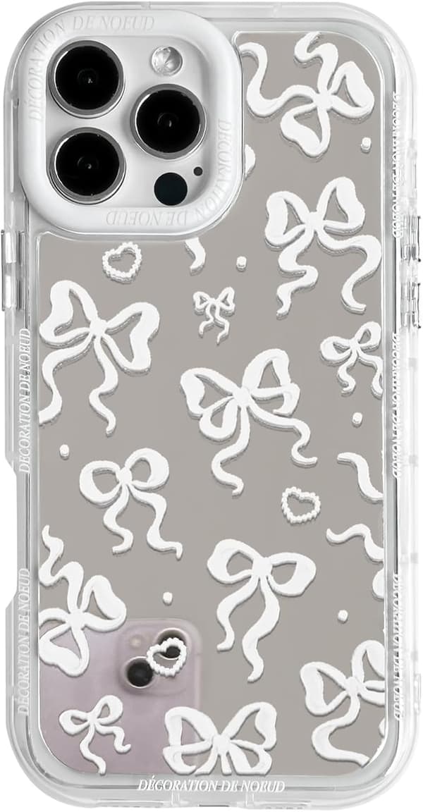 Compatible with iPhone 16 Pro Max Case Cute Mirror Bow Love Heart Pattern for Girls Strap Design Shockproof Protective Phone