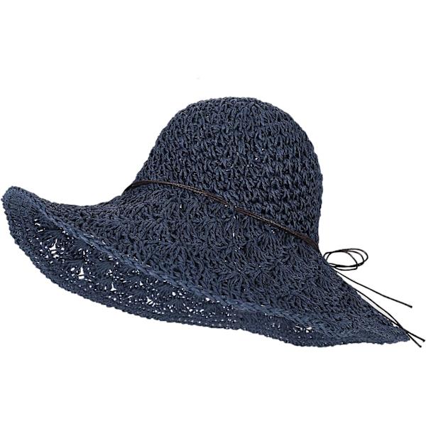 Solhatt i halm för kvinnor, damer, hopfällbar, bredbrättad, med rosett, justerbar, strandhatt, elegant hinkhatt, UPF 50 UV-skydd, bekväm Dark Blue One Size
