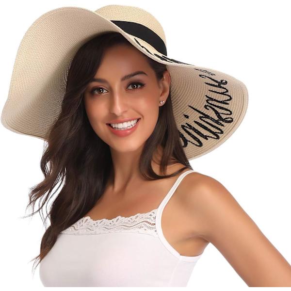 Dam bredbrättad halmhatt Floppy hopfällbar rulla upp keps strand solhatt UPF 50+ Style Fhello Sunshine Beige