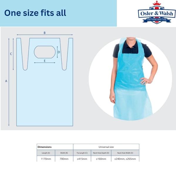 Osler & Walsh Premium engangsforklæder til kvinder og mænd (blå, 5x200 pakke), 700mm x 1170mm polyethylenforklæder til voksne, 16 mikron fladt pakket Blue 1000 Aprons