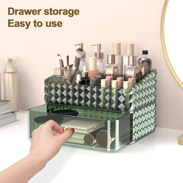 Makeup Organizer til Kommode, Stabelbar Kosmetik Organizer og Opbevaring (Grøn, 1 Skuffe + 1 Bakke) Green 6.85*9.45*6.3"