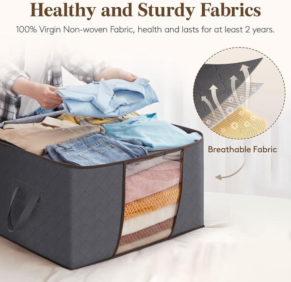 90L Storage Bags for Clothes Large Storage Box with Lid Packing Boxes for Moving with Reinforced Handle Thick Fabric - 6-pack, Grey