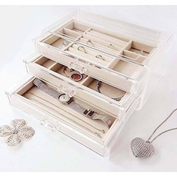 Smykkeæske til kvinder med 3 skuffer, smykkearrangør i fløjl til øreringe, armbånd, halskæde og ringe, opbevaring i klart akryl Transparent Cream  3 Drawers