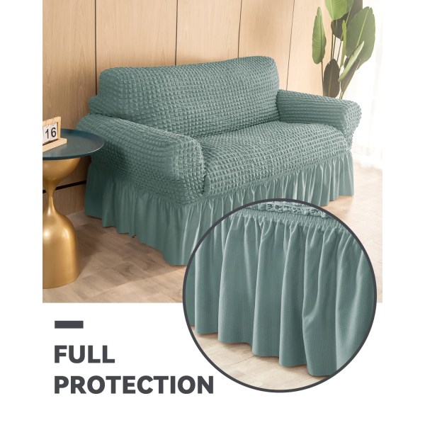 Loveseat Slipcover 1 kpl kahdelle tyynylle sohvan cover hameella, kestävä pestävä, helposti istuva universal huonekalusuoja (2 istuttava, vihreä)