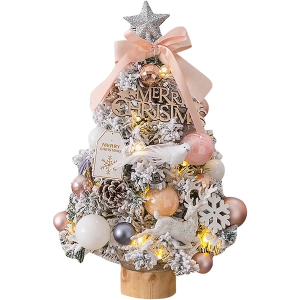 Lille kunstigt juletræ oplyst skrivebordsjuletræ med trætop og pynt til julepynt (pink)