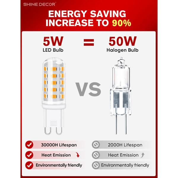 G9 LED-pære, 5W varm hvit 3000K, ikke-dimbar energisparende pære, 450LM, 50W halogenekvivalent 6-pakning Model 1 Warm White