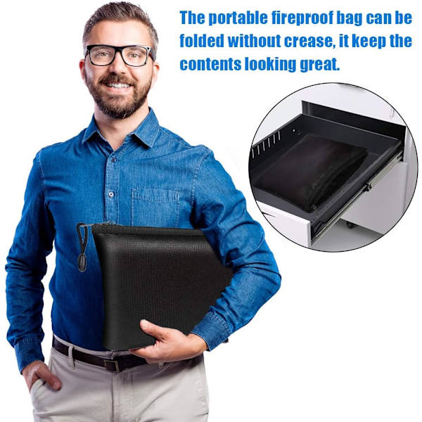Brandskyddad dokumentväska, A4 brandskyddad dokumentväska i glasfiber Vattentålig pengaväska Brandskyddad säker förvaring Max förvaringslåda för pengar, foton, smycken Black Fireproof Document Bag 13.2"×10" fireproof money bag