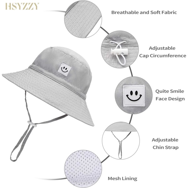 Baby Solhatt Leende Ansikte Småbarn UPF 50+ Solskyddande Hinkhatt Fin Strandhatt för Baby Flicka Pojke Justerbar Mössa Gray+white 06 Months