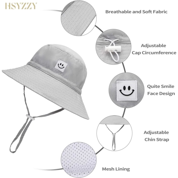 Baby Solhatt Smilende Ansikt Småbarn UPF 50+ Solbeskyttende Bøttehatt Fin Strandhatt for Baby Jente gutt Justerbar Cap Gray 06 Months