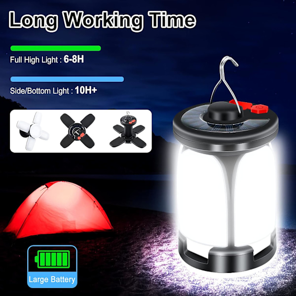 Lanterne, LED Camping Lys Lampe med 6 Lystilstande, 60 LED'er Ultra Lysstærk LED Teltlys, USB & Solcelledrevet Genopladelige Campinglys til Camping, Fiskeri Black & White