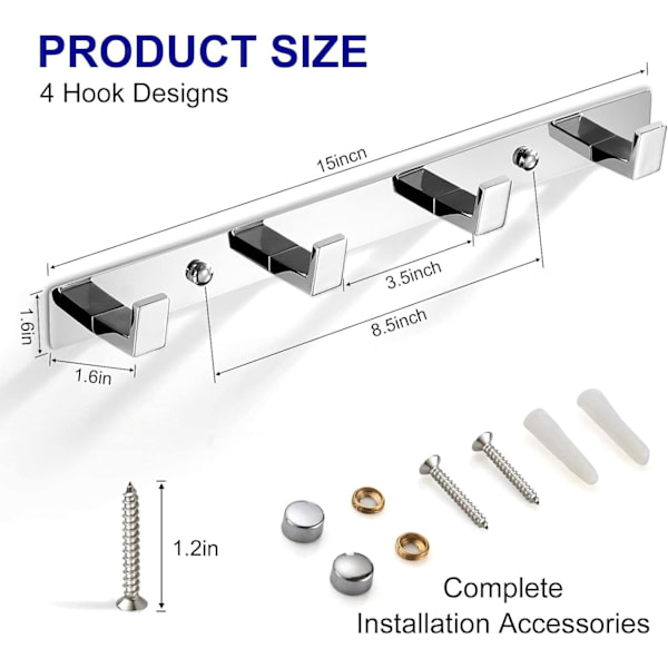 huonepyyhekoukut, kromattu seinäkiinnitysruuvi kiinteä ovi- tai kaapukoukku, naulakkoteline makuuhuoneessa tai keittiössä 410 Chrome 4 chrome coat hook