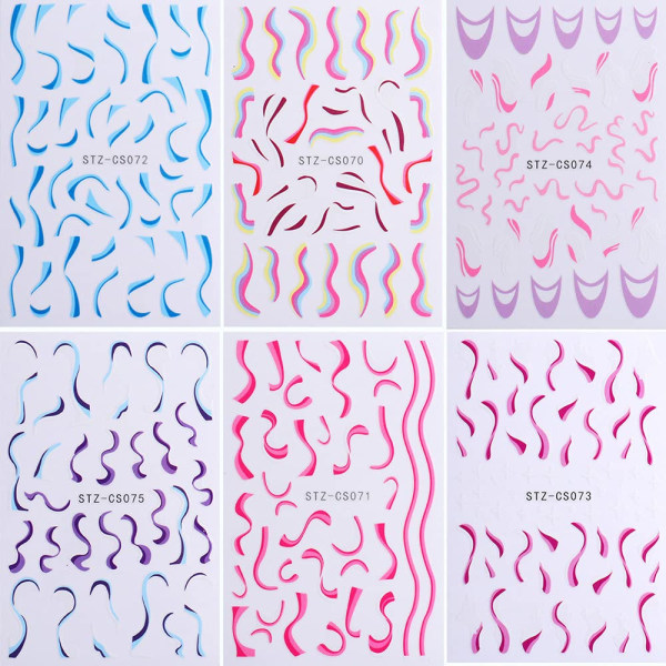 6 ark Farvebånd Bølgelinjer Neglestickers 3D Swirl Stripe Negle Decals Selvklæbende Negle Art Stickers DIY Negle Design Negle Art Decoration