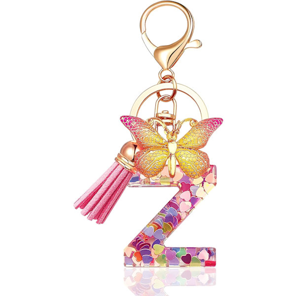 Nyckelringar i form av initialer för kvinnor Tassel Butterfly Pink Purple Cute Car Keyring för plånbok Handväskor Ryggsäck A-Z Pink Z
