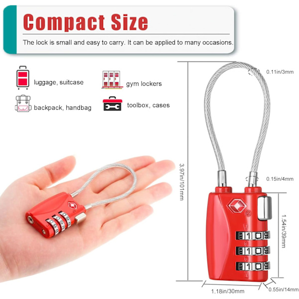 TSA-godkendte bagagelåse, kombinationsrejselåse til kufferter med fleksibelt kabel, 3-cifret kodetrådlås til rygsæk, attachémappe, våbentasker 2p, Red