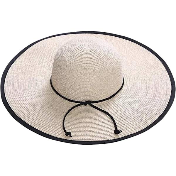 Damebred Strawhat med Bred Skygge, Foldbar, Rulbar, Strandhat, Solhat, UPF 50+ Twinebeige