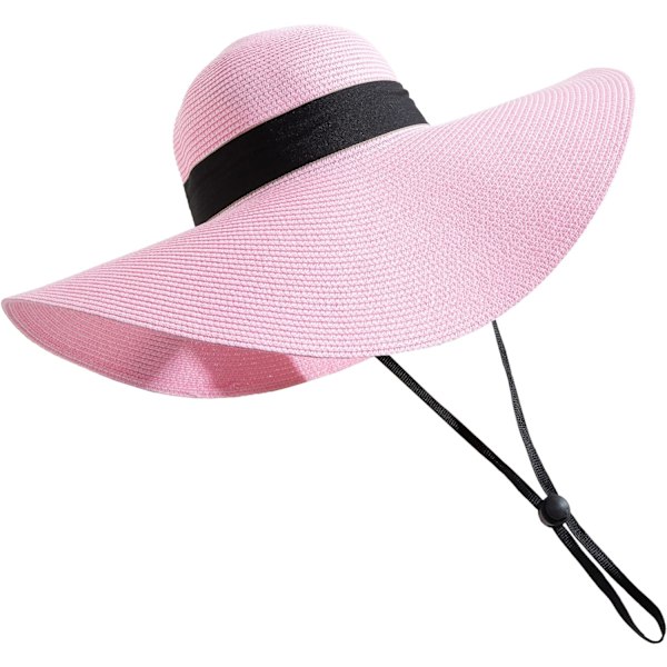 Damhatt i Halm med Bred Brätte, Floppy, Vikbar, Strandhatt, Solhatt, UPF 50+ Bowknotpink