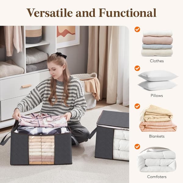 90L Storage Bags for Clothes Large Storage Box with Lid Packing Boxes for Moving with Reinforced Handle Thick Fabric - 6-pack, Grey