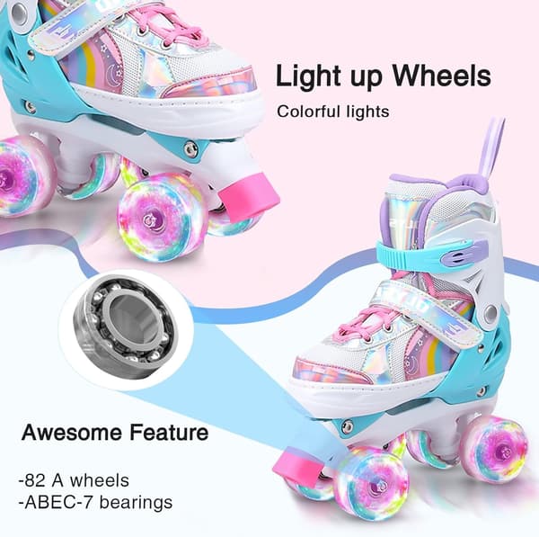 Kids Roller Skates Roller Boots, 8 Luminous Wheels and 4 Adjustable Sizes, Quad Skates with Storage Bag, Double Row Roller Skates Pink