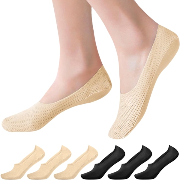 Osynliga Strumpor för Kvinnor - Andningsbart Mesh Halkskyddande Osynliga Strumpor Is Silke Låg Skärning Foder Ankel Korta Strumpor för Damtränare Loafers Sneakers Båtsko 3 beige + 3 black