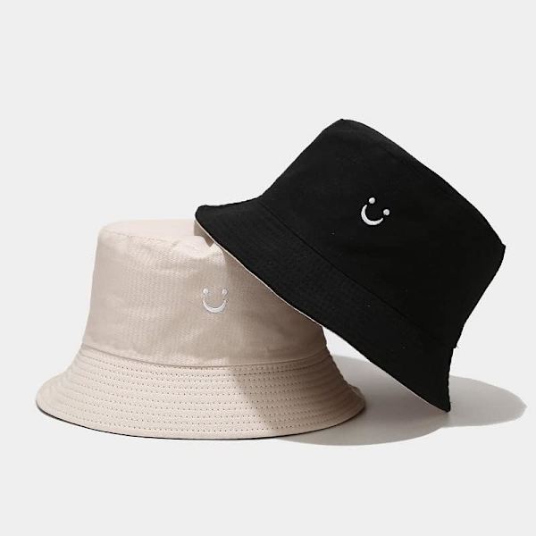 Söpö ämpärihattu rannan kalastajanhatut naisille, kääntyvä kaksisuuntainen kulutus Smiley Black Beige