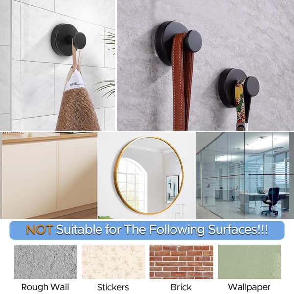 Black Suction Cup Hooks (No Drilling), Extra Strong Wall Hooks for Bathroom, Kitchen, and Smooth Windows.