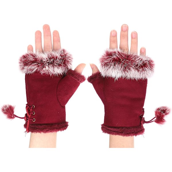 Vinterhandskar för kvinnor i konstläder med halva fingrar - Modevarma fingerlösa vantar med fleecefoder, varmare handledshandskar, pekskärm, tjock Bordeaux-red