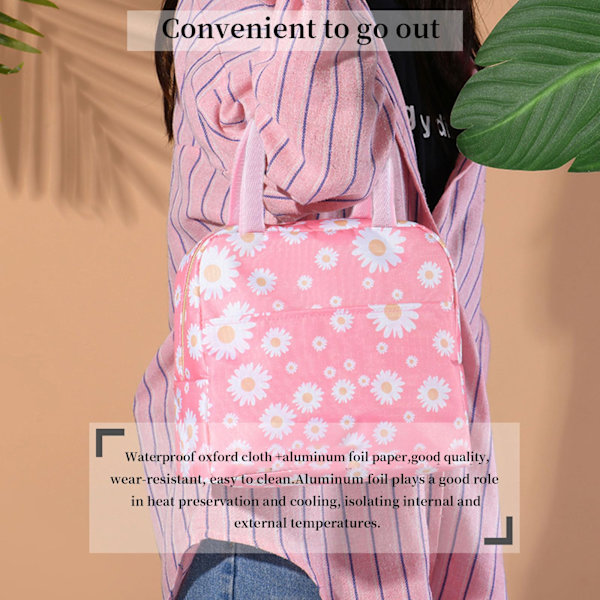 Isoleret frokostpose, bærbar termisk frokostpose køletaske frokostboks arrangør tote taske arbejde skole picnic camping rejse (Daisy Pink)
