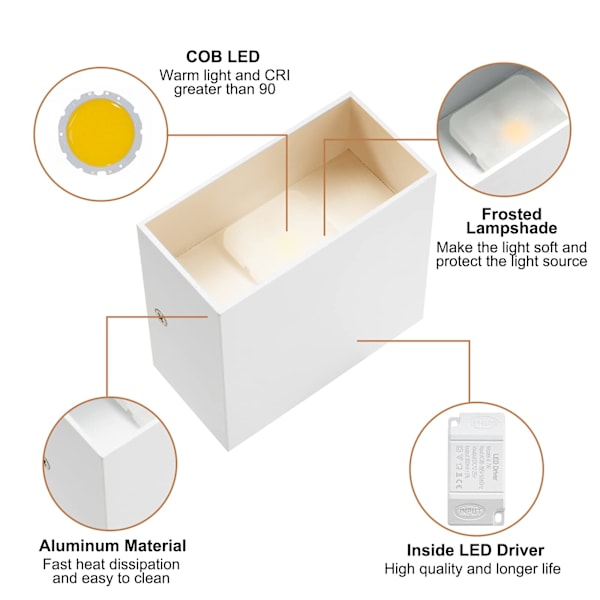 2 stk. Moderne Væglamper, Aluminium Op og Ned Indendørs Lampe, 6W 3000K LED Væglampe, Velegnet til Stue, Soveværelse og Gang, Varm Hvid