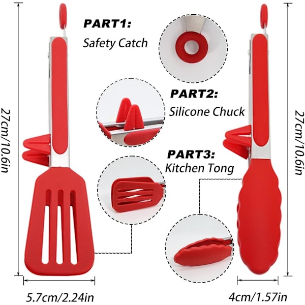 Kjøkken Tenger, 9 Tommer Silikon Tenger Sett med 2 Mattrygg Silikon Rød Matlagingstenger Sklisikre Låsende BBQ Tenger Serveringstenger Salattenger med Stativ Red