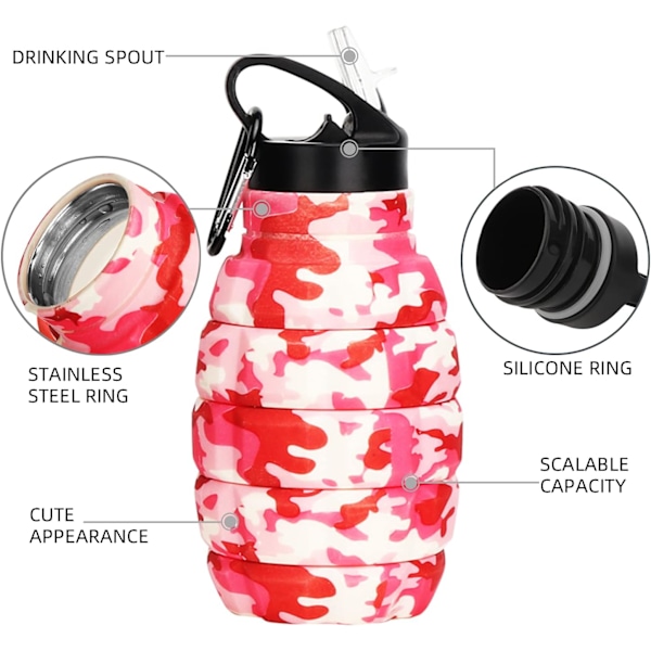 Hopfällbar Resevattenflaska 18oz, Återanvändbar BPA-Fri Silikon Hopfällbar Vattenflaska för Gym Camping Vandring, Bärbar Läckagesäker Sportvattenflaska Pink Camouflage Cup