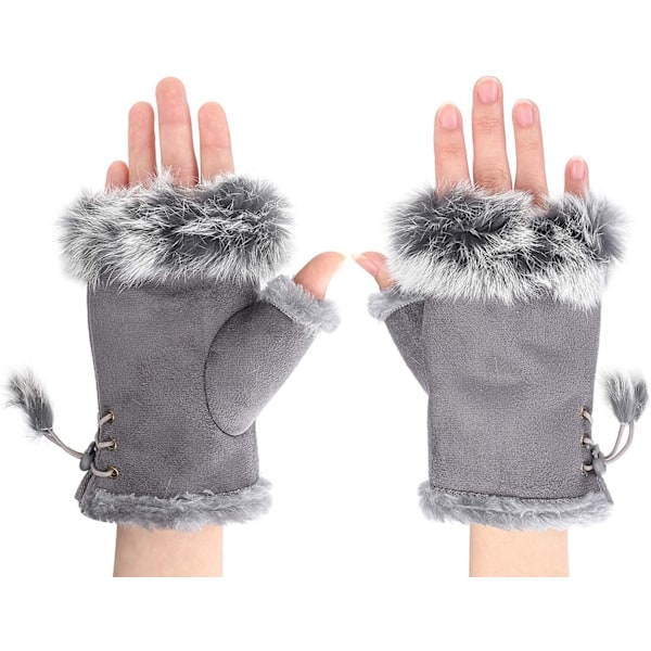 Vinterhandskar för kvinnor i konstläder med halva fingrar - Modevarma fingerlösa vantar med fleecefoder, varmare handledshandskar, pekskärm, tjock Light Grey