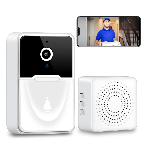 Dørklokkekamera Trådløst, Intelligent Visual Ringeklokke Home Intercom HD Night Vision WiFi Oppladbar Sikkerhetsdørklokke, APP-kontroll (hvit)