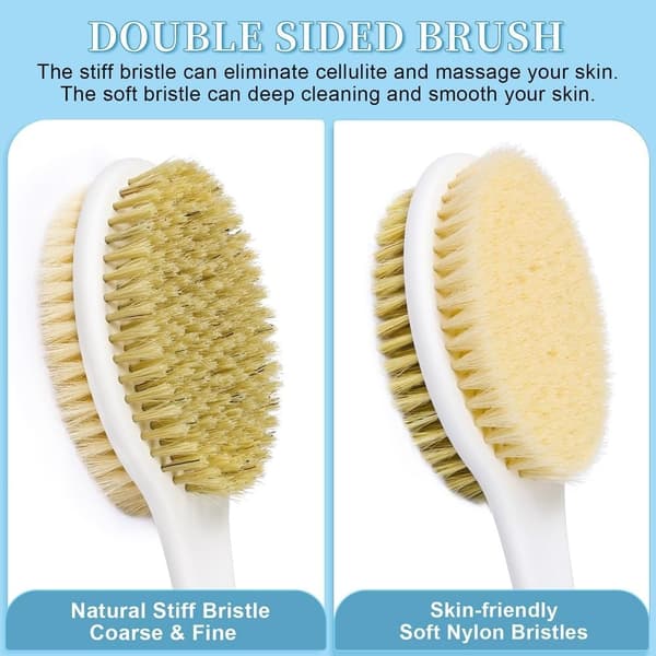 Long-handled bath brush, perfect for wet or dry brushing, body brushing, and deep cleaning.