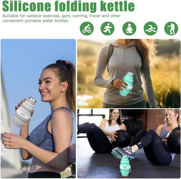Two-piece foldable water bottle, soft silicone bottle with carabiner, travel bottle, grey, blue