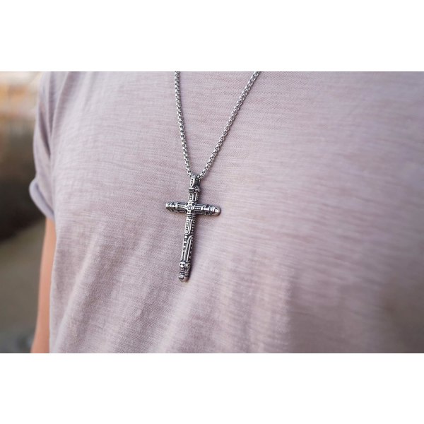 Halsband i rostfritt stål för män, 23 tum, med hänge - handgjorda smycken för surfare - ingen missfärgning eller rost - present till män - U (Silver Vi Silver Vikings Cross
