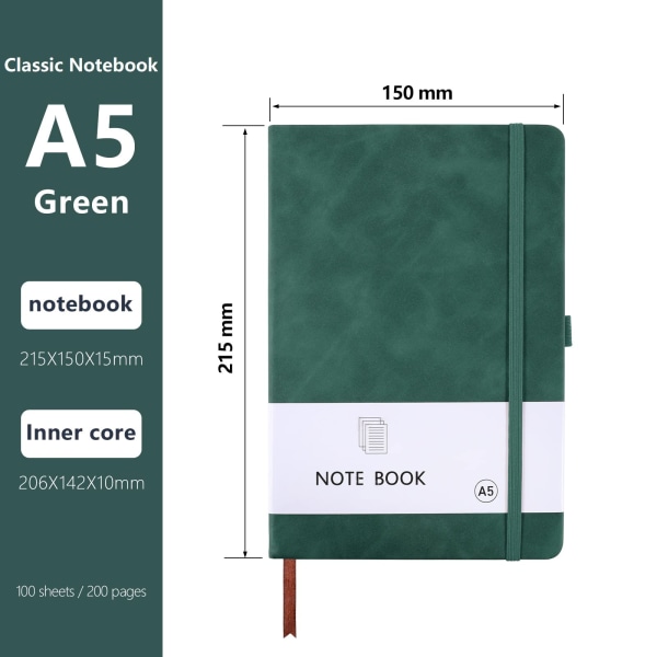 A5 Notebook Journal Notebook A5 Notisblok PU Læder Notebook til Kontor Skole Hjem Forretning Skrivning & Notering 200 Sider (100 Ark)-Grøn