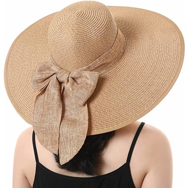Dam hopfällbar floppy bredbrättad stråsolhatt sommar strandhatt UV UPF 50+ 02Style Bowknot Khaki