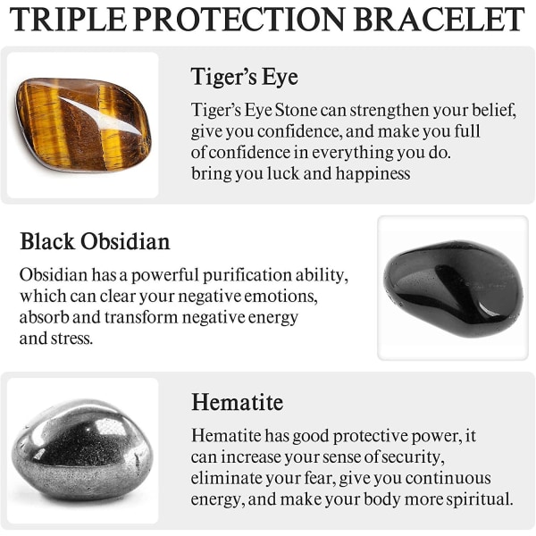 Triple Protection Rannekoru, Tigers Eye - Mustat obsidiaani- ja hematiittihelmirannekorut miehille, naiset, turmaliini Spiritual Natural Crystal Stone Luck B