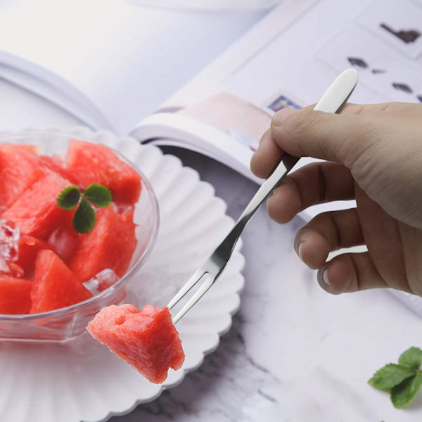 12-delt sett med rustfrie stålgafler med to tenner, liten fruktgaffel