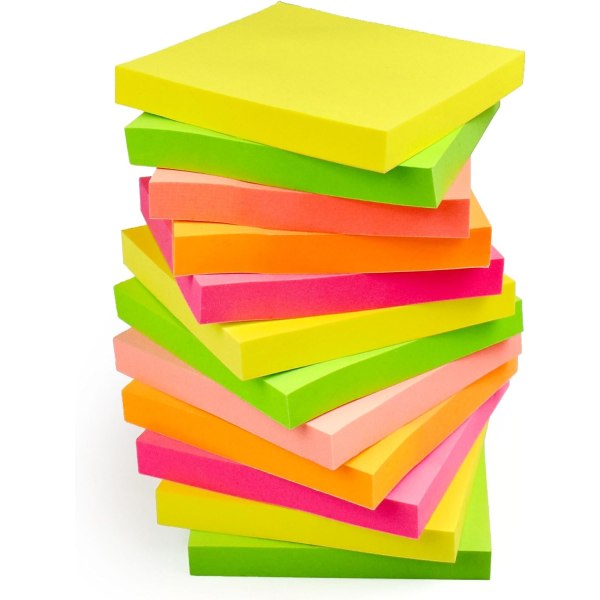 1200 Bright Sticky Notes Fargerike farger Ikke-rester og avtakbare 76x76 mm 12 pads à 100 ark - gul, rosa, oransjegrønn, fersken Neon | 12 Pads Pastel | 4 Pads