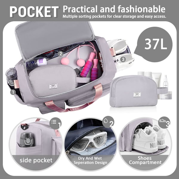 Sportväska för kvinnor och män, gymväska med skofack, weekendväska, övernattningsväska för kvinnor, hopfällbar, vattenavvisande, för sjukhus Grey&pink (With Toiletry Bag)