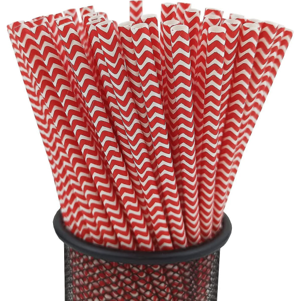 Pakkaus 100 kertakäyttöistä Wave-raidallista juomapaperipilliä (punainen)