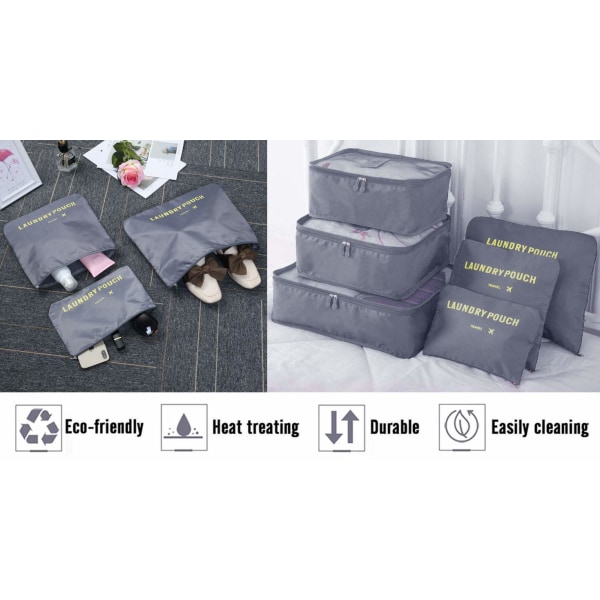 Resväska organiseringsförpackningar, 6 st reseförpackningskuber set för kläder Resväskor Organisationsförvaringspåsar (Grå)