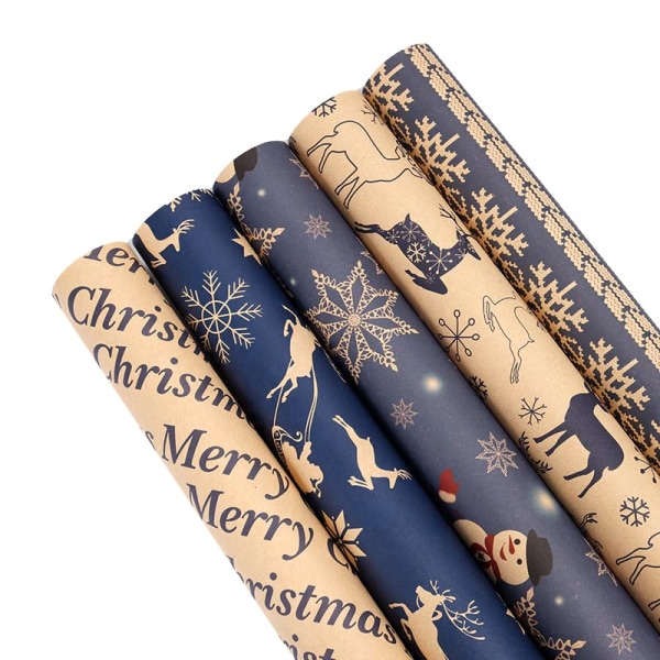 Joulun käärepaperiarkit, kierrätetty voimapaperi - 5 tummansinistä jouluteemaa - 10 arkkia - 70 x 50 cm per arkki
