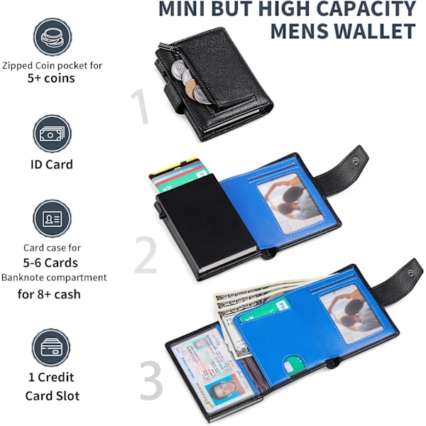 Kreditkortshållare RFID-blockerande minimalistisk trifold plånbok för män Automatisk popup-metallfodral med ID-fönster och blixtlåsförsedd myntficka Black With Blue