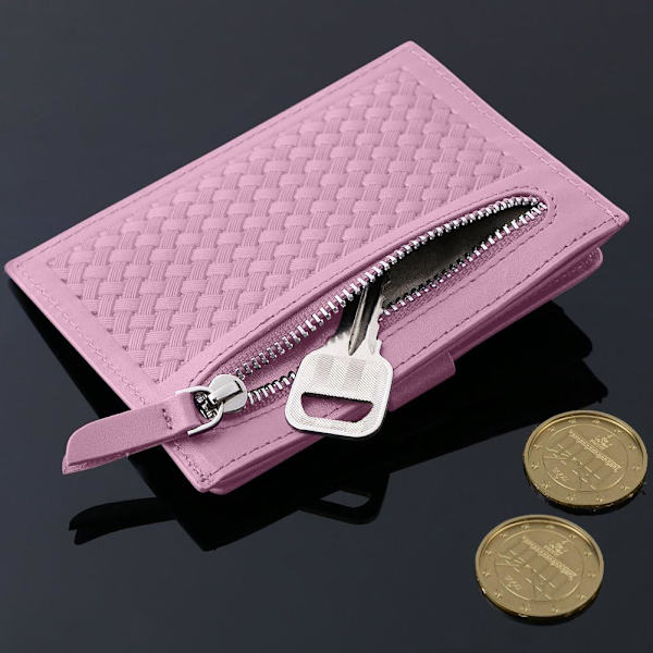 Kreditkortshållare, Rosa Bifold Plånbok Äkta Läder, RFID NFC-blockering med Myntficka med Övertäckt Knapp för Kvinnor #1 Rose