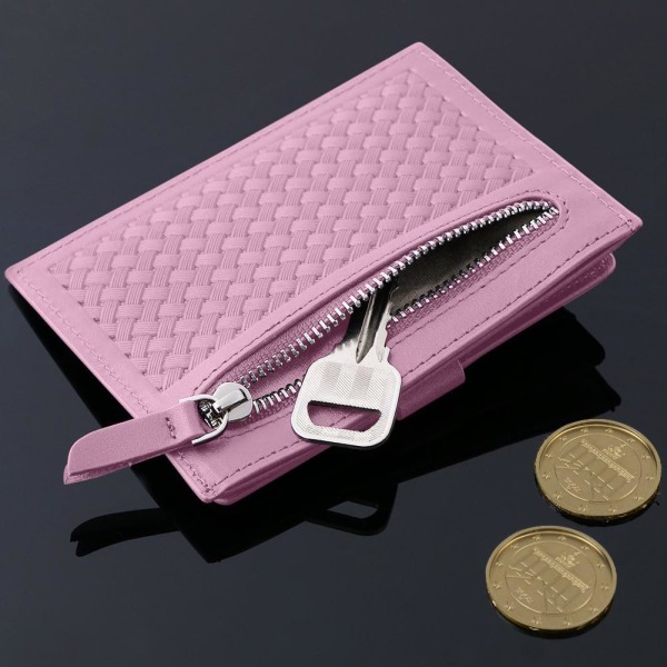 Porte-cartes de crédit, portefeuille en cuir véritable rose à deux volets, blocage RFID NFC avec porte-monnaie à bouton couvert pour femmes #1 Rose